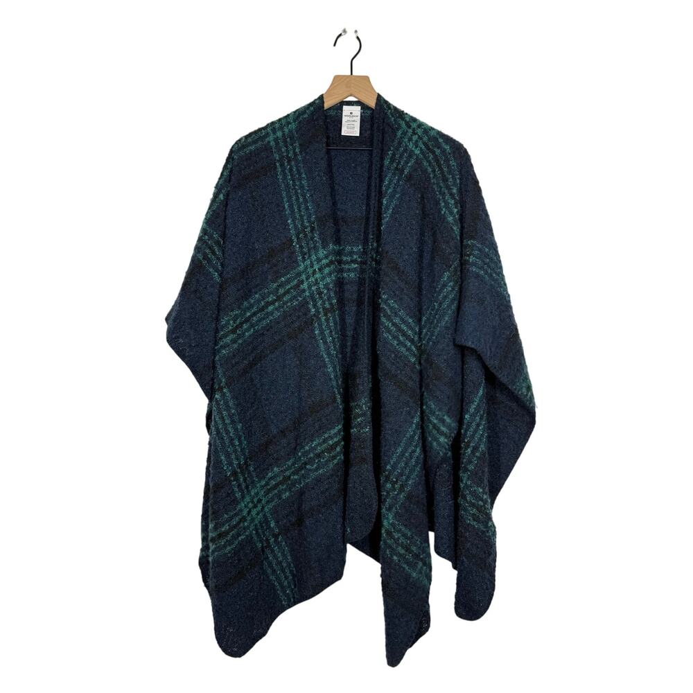 Woolrich Poncho‎ Shawl Wrap One Size Navy Blue Green Tartan Plaid Open Front